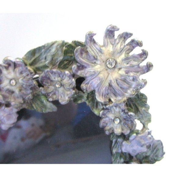 Vintage Pewter Gray Enameled Purple Floral Rhinestone Ornate Picture Frame 5x5 - Picture 4 of 8